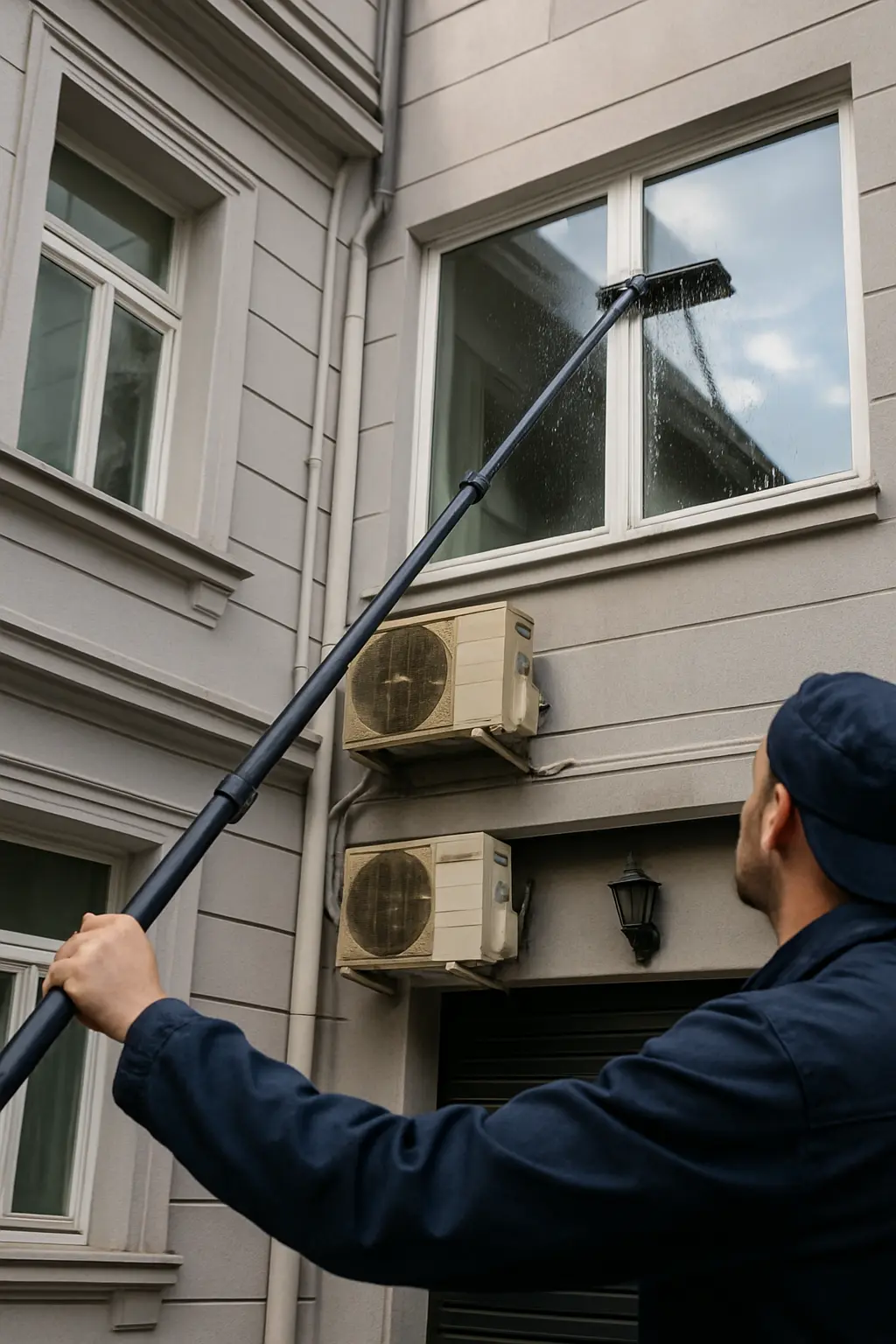 Echipă curățare geamuri la înălțime cu coardă, bloc rezidențial Ilfov